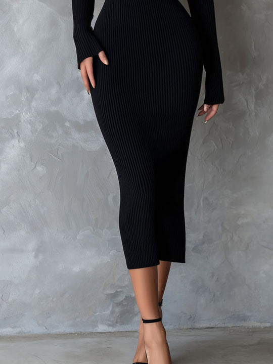 Elegant Cutout Shoulder Black Ribbed Knit Midi Dress