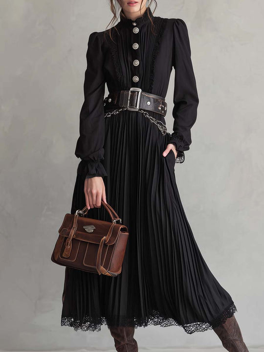 Vintage Button Lace Hem Pleated Midi Dress