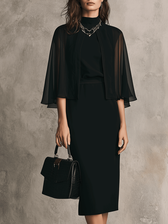 Elegant Black Cape Sleeve Midi Dress