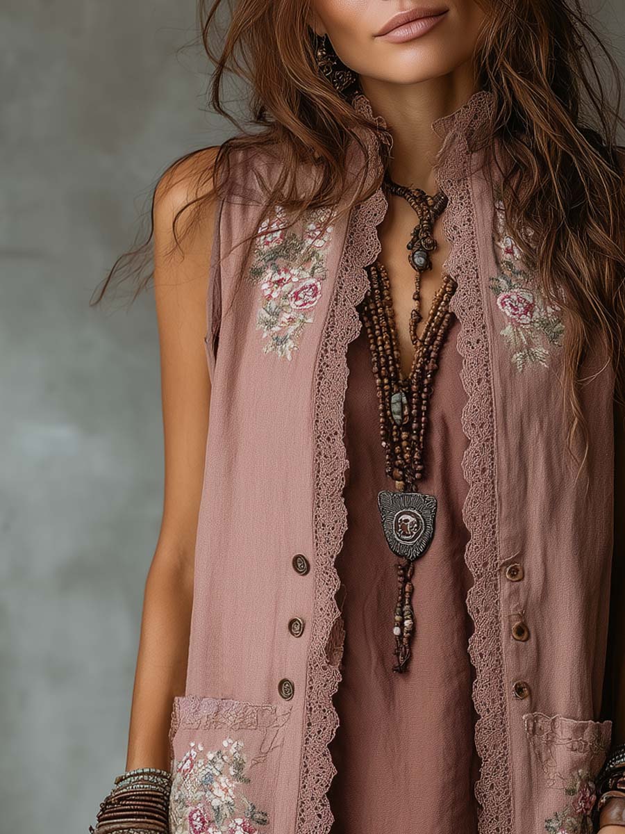 Retro Embroidered Cotton Linen Mid-Length Vest