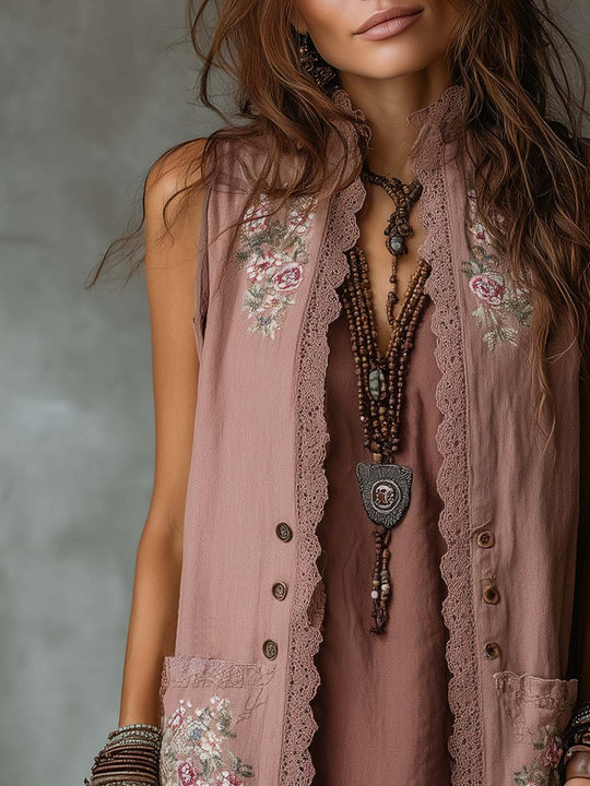 Retro Embroidered Cotton Linen Mid-Length Vest