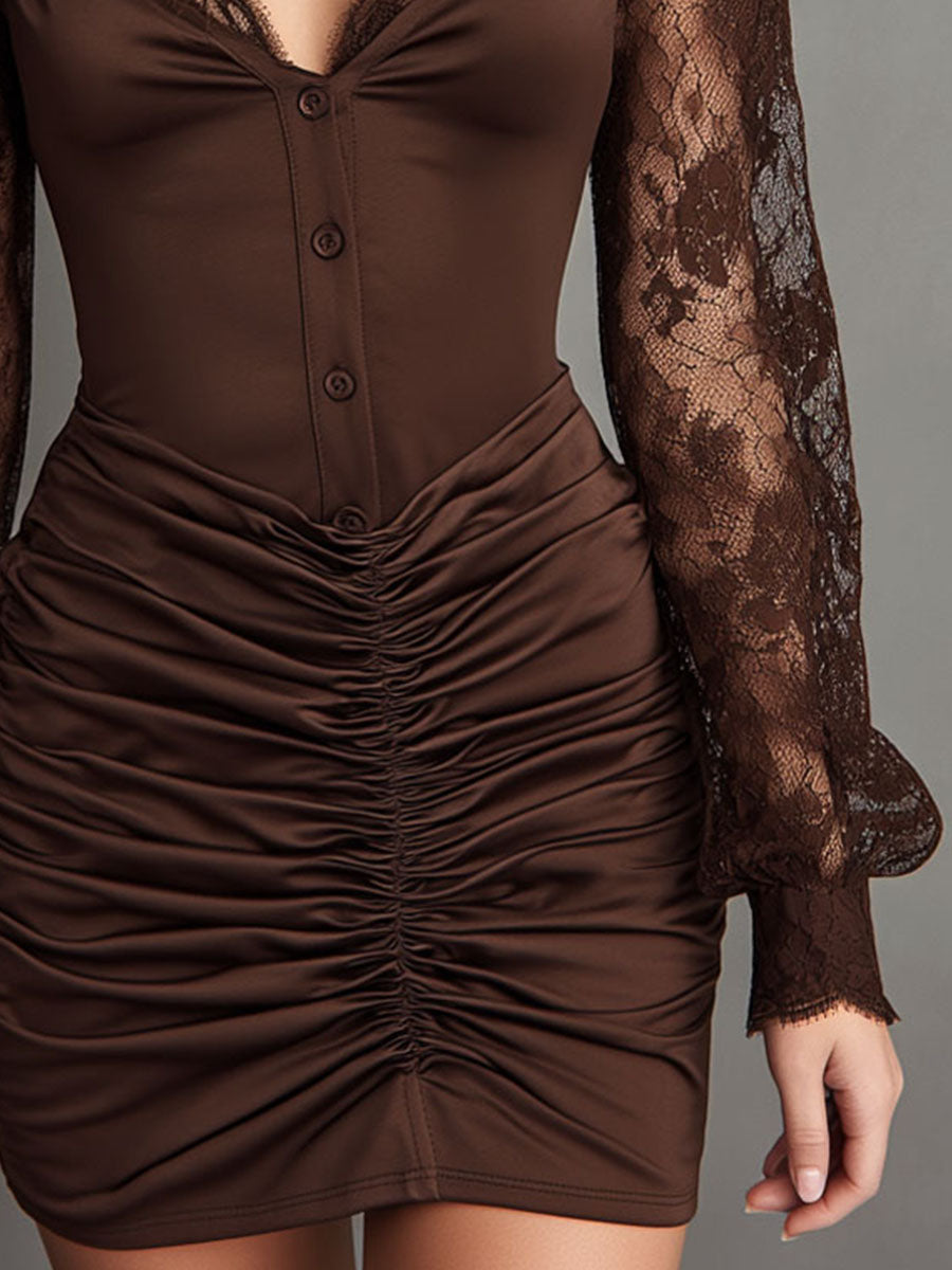 Retro Elegant Chocolate Lace Sleeve Ruched Mini Dress