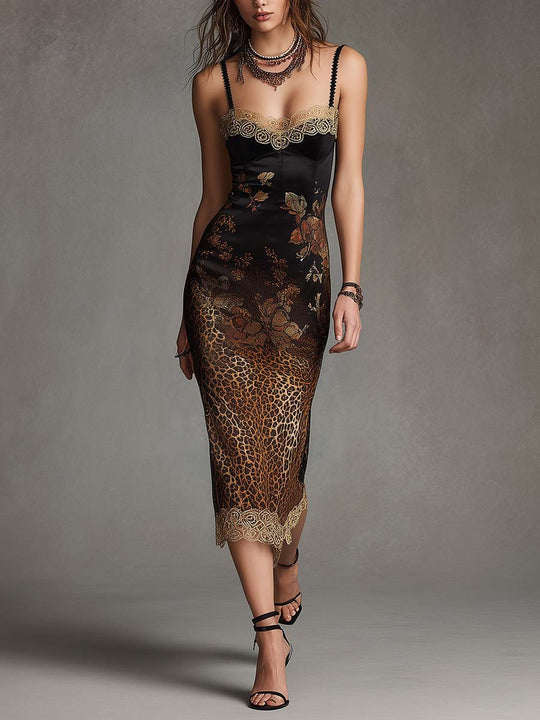 Vintage Glam Printed Satin Lace Trim Midi Dress