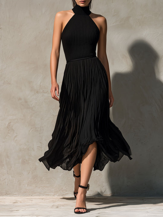 High-Neck Black Knite Halter Midi Dress With Pleated Chiffon Skirt