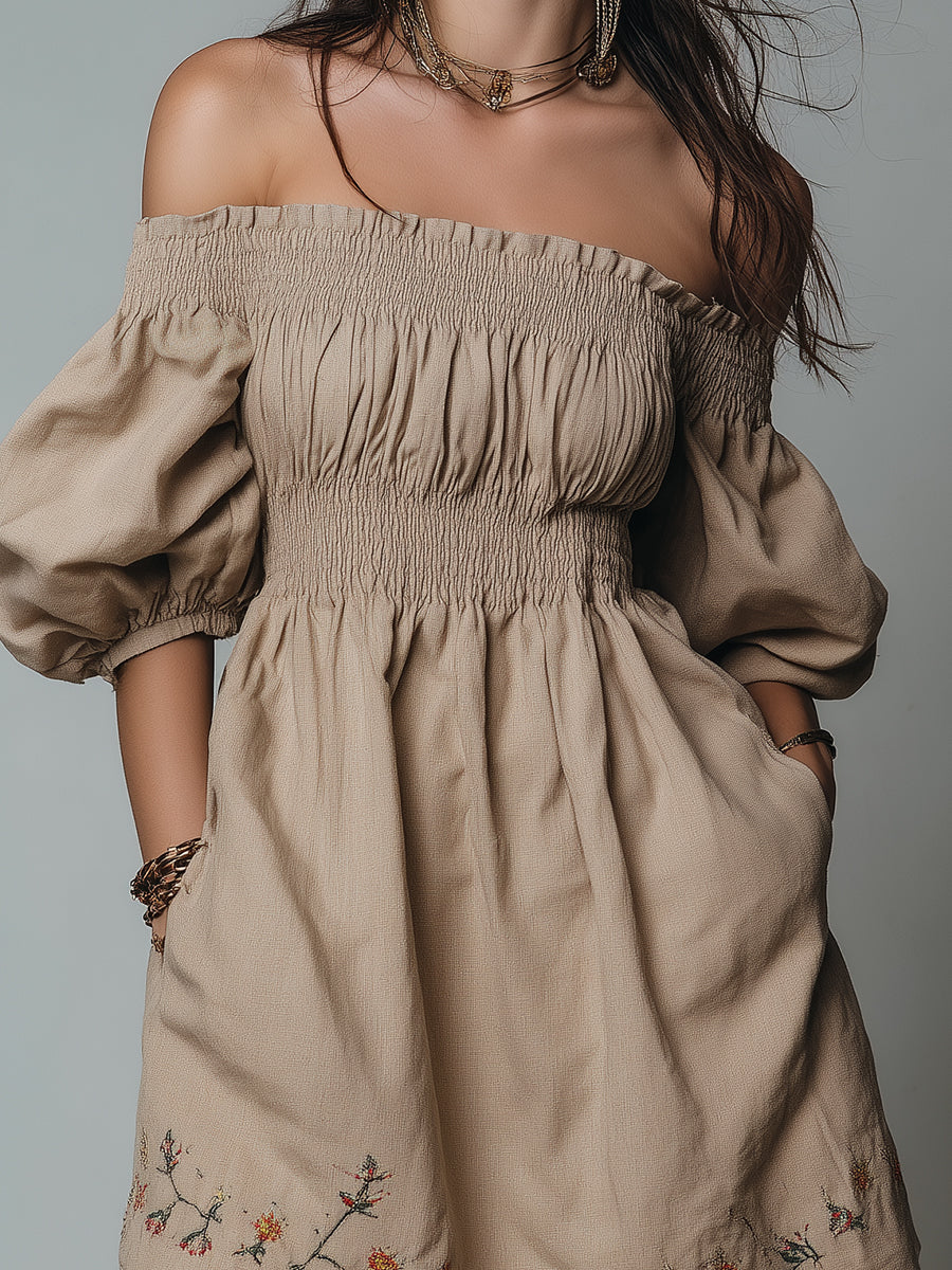 Off-the-shoulder Embroidered Shirred Cotton Blend Mini Dress