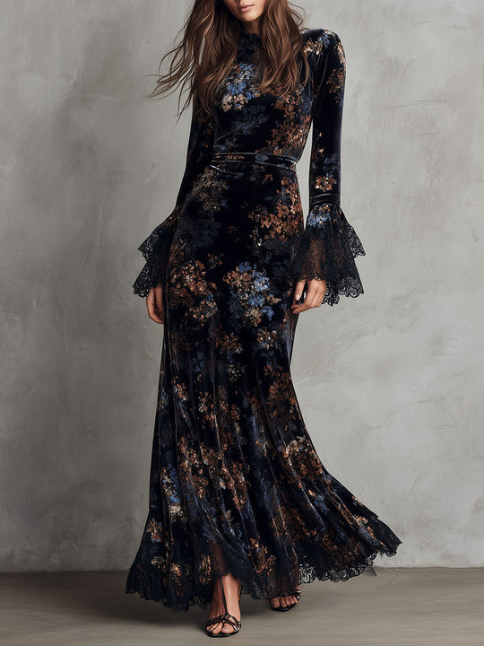 Midnight Floral Velvet Flowing Gown With Lace-Trim Bell Sleeves
