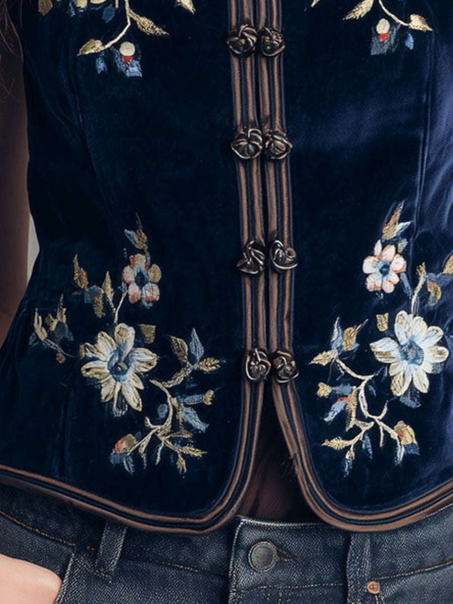 Boho Mandarin Collar Navy Velvet Embroidered Vest