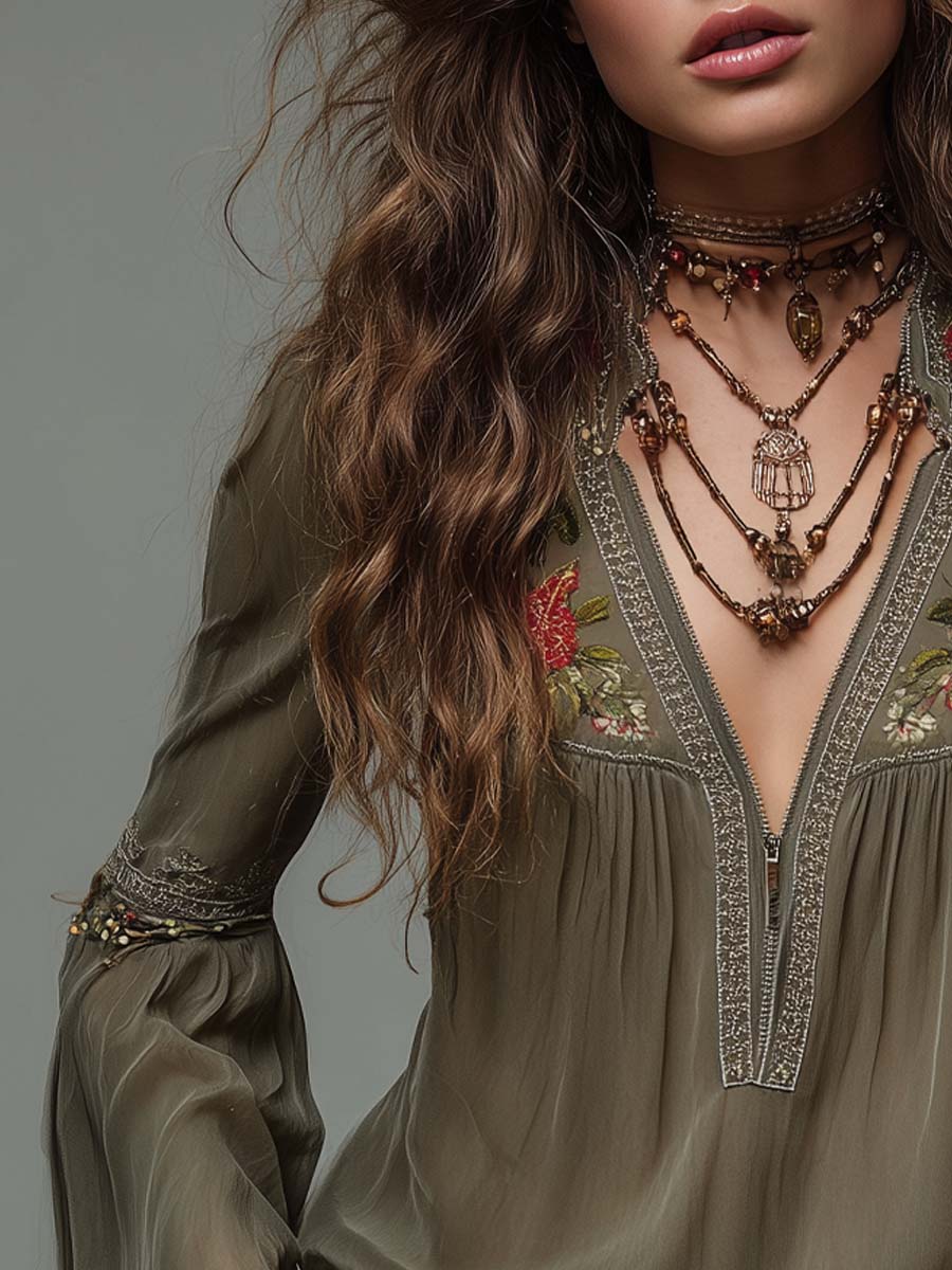 Vintage Lace Trim Floral Embroidered Chiffon Blouse