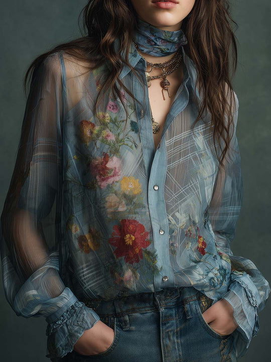 Vintage Boho Sheer Floral Button-Up Blouse