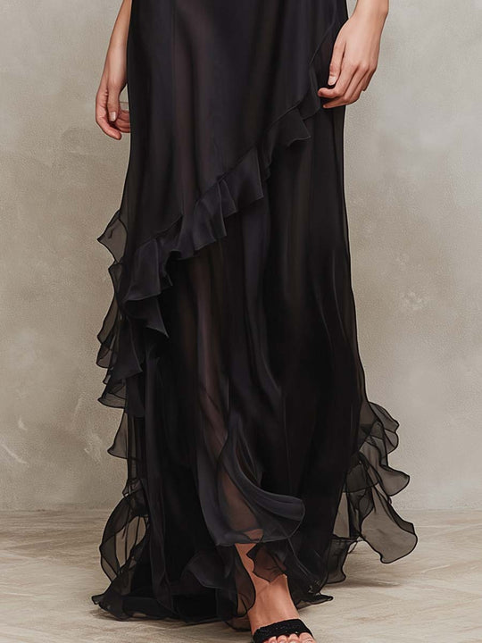 Sheer Ruffle-Trim Asymmetric Maxi Dress