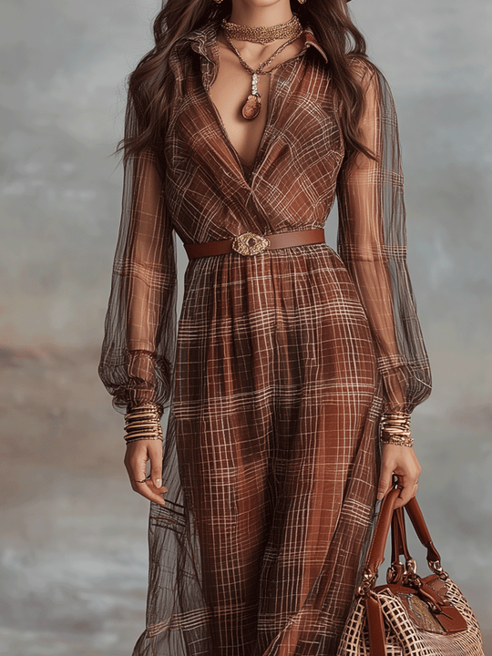 Bohemian Plaid Print Chiffon Maxi Dress