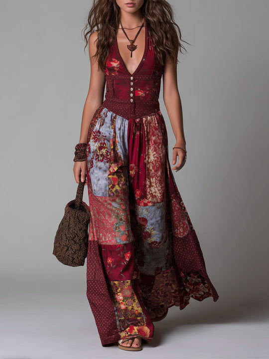 Boho Ethnic Print V-neck Button Decoration Maxi Dress