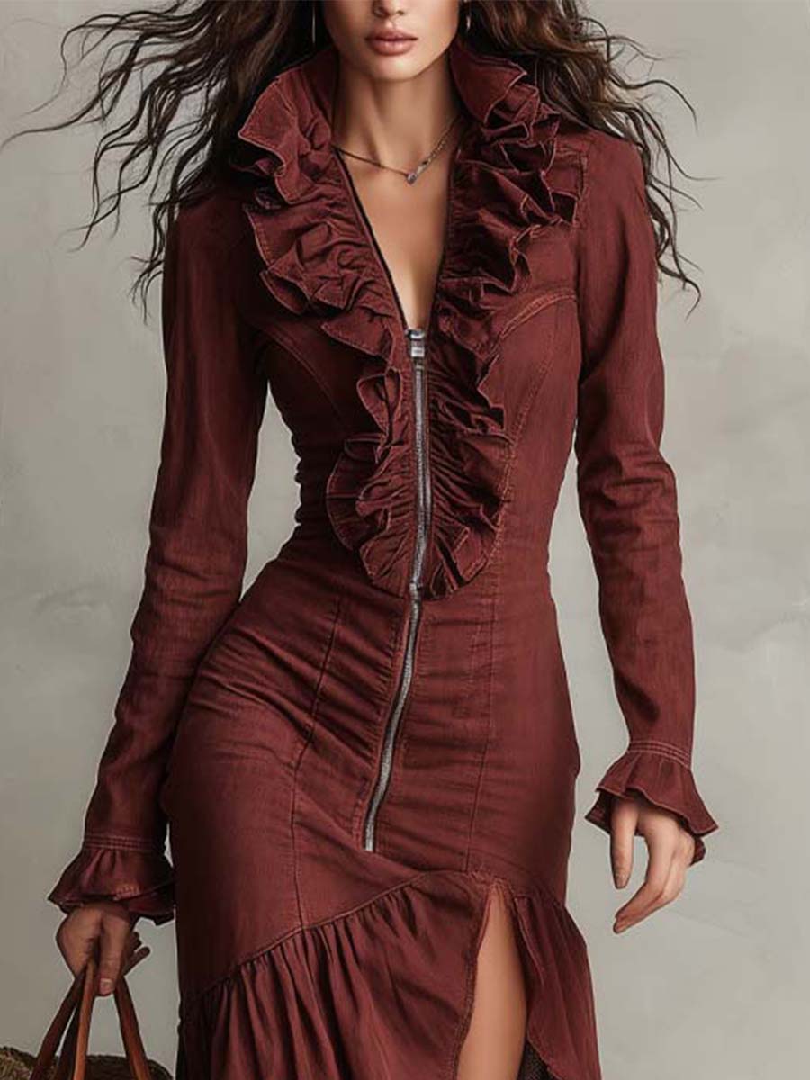 Vintage Ruffle Zip-Front Asymmetric Midi Dress
