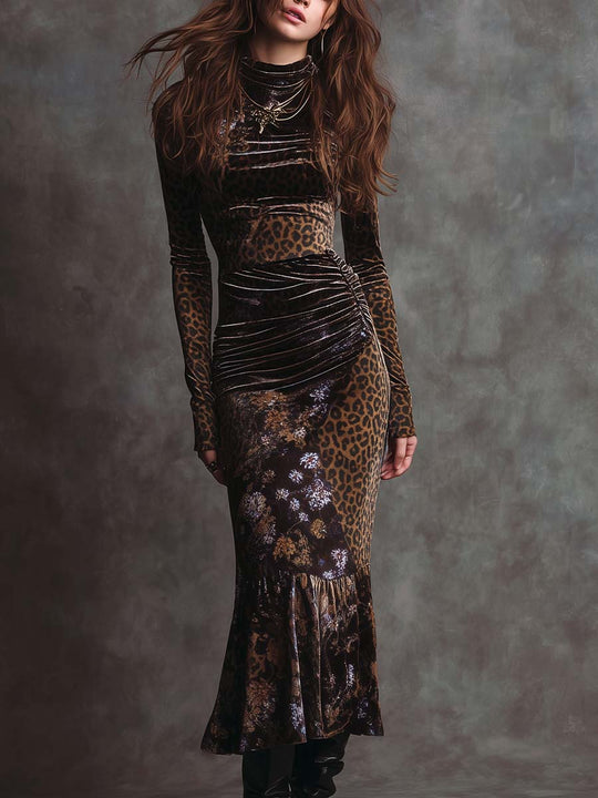 Retro Gothic Leopard Print And Floral Patchwork Velvet Maxi Dress