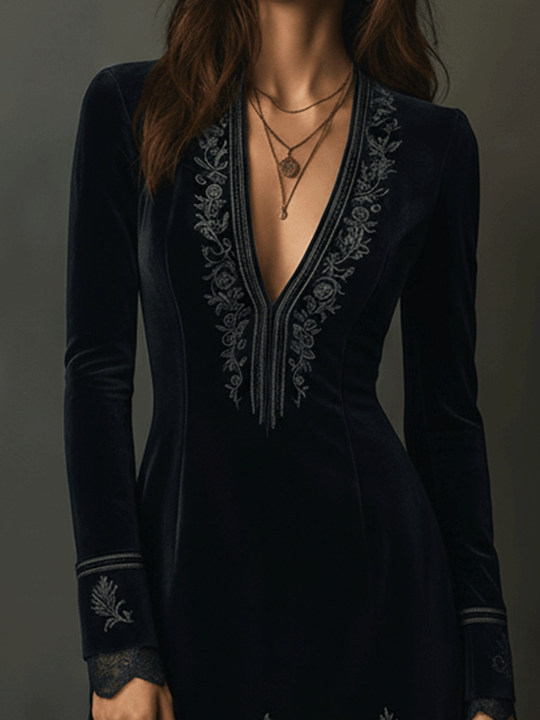 Retro Black Velvet Embroidered Lace Trim Mini Dress