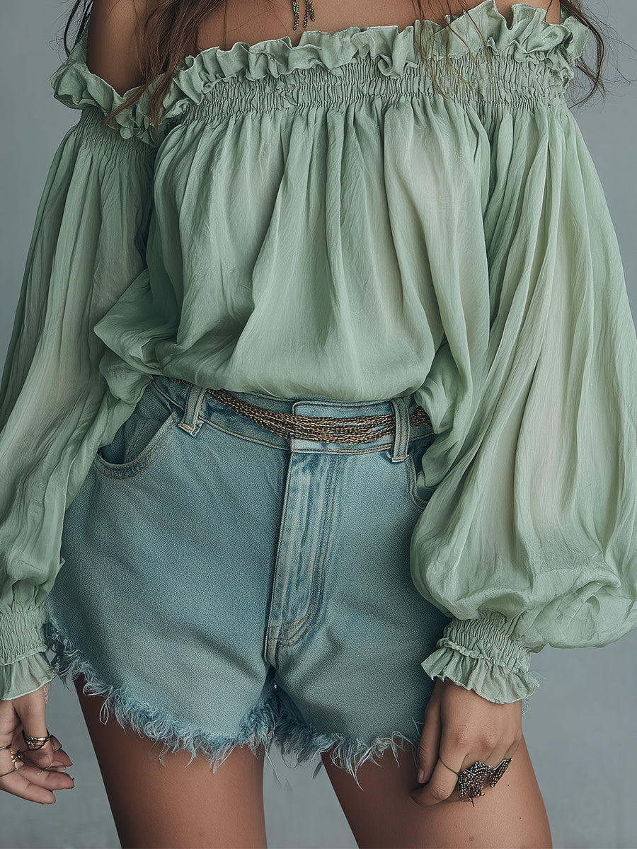 Retro Off-the-shoulder Chiffon Blouse With Lantern Sleeves