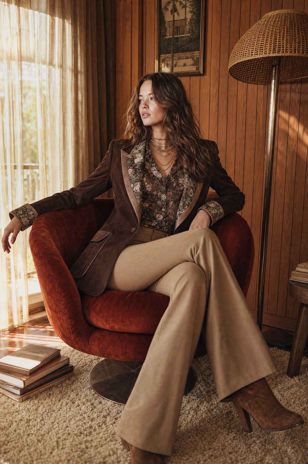 Retro Suede Blazer with Floral Print Contrast Lapel & Cuffs