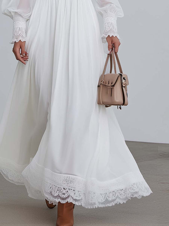 Vintage Lace Trim Sheer Sleeves Maxi Dress