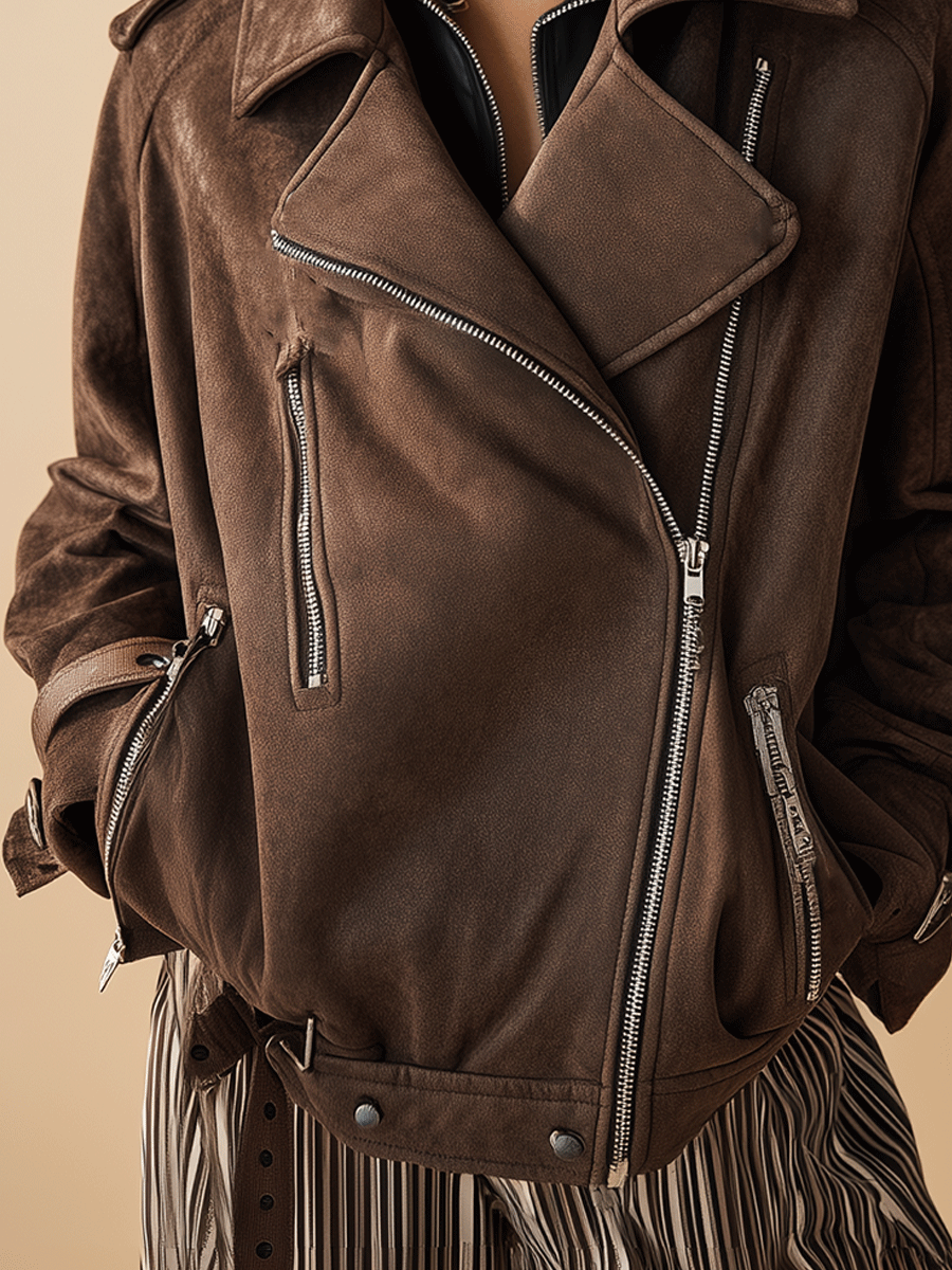 Retro-Style, Loose-Fitting, Soft Brown Suede Jacket