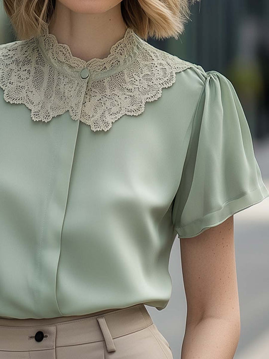 Elegant Mint Green Lace Collar Blouse with Flutter Sleeves