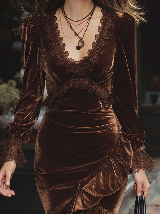 Elegant Irregular Ruffled Hem Polyester Velvet Lace Midi Dress