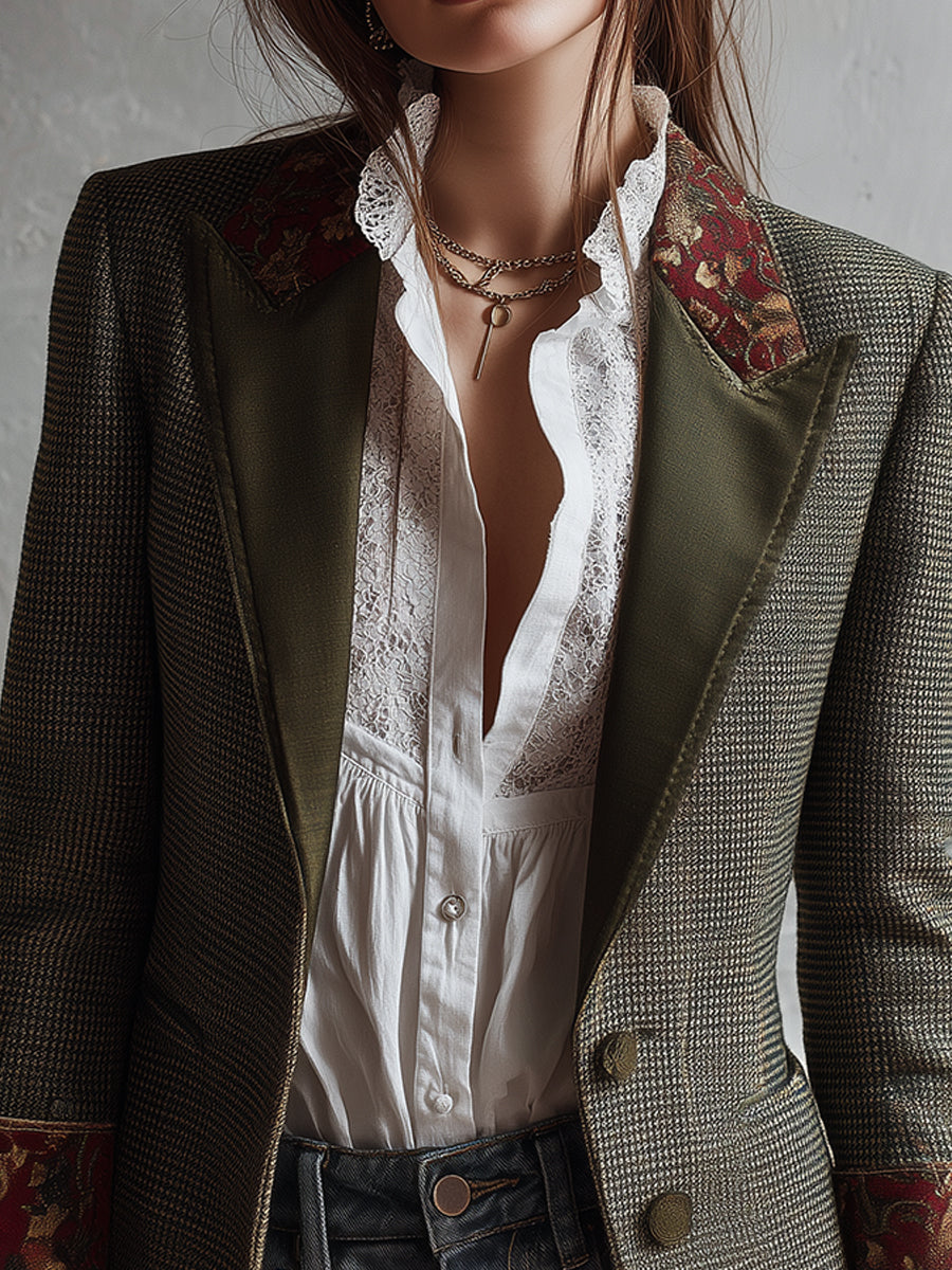 Bohemian Wool Plaid Retro Flower Splicing Blazer