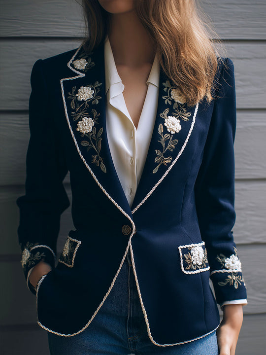 Navy Blue Woolen Blend Floral Embroidered Blazer