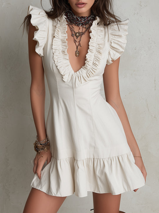 Retro Ruffled Trim Short-sleeved Cotton A-line Mini Dress