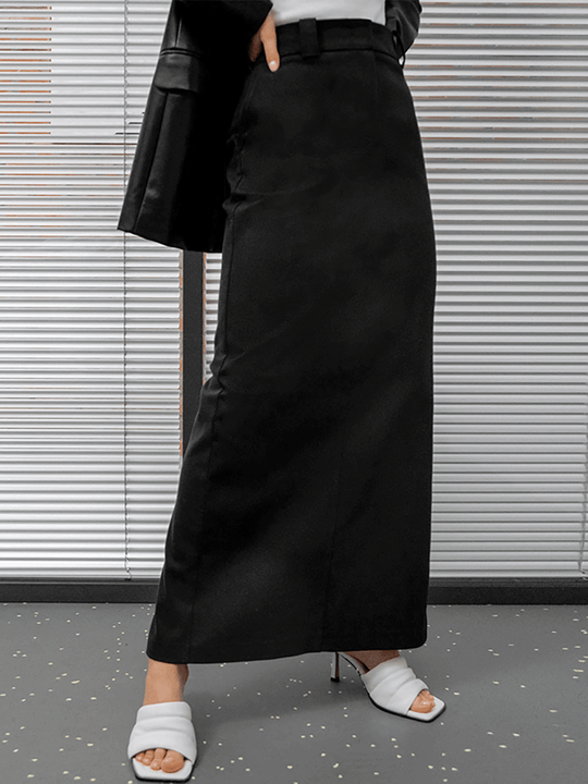 Gray Commuter High Waist Slit Straight Skirt