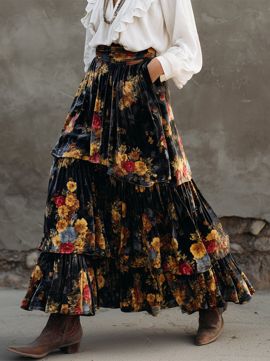 Retro Polyester Velvet Oil Painting Printed Multi-layered Ruffle Hem Maxi Skirt