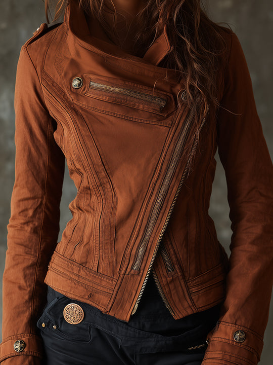 Boho Zip-up Slanted Placket Stand Collar Washed Denim Jacket