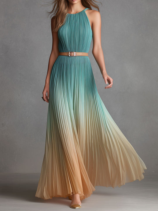 Elegant Gradient Ombre Pleated Maxi Dress With Belted