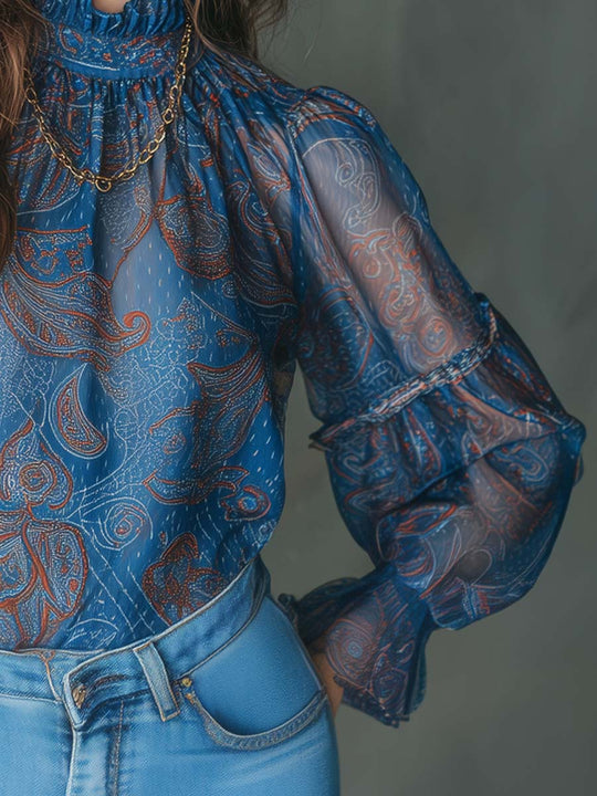 Vintage Pleated Neck Ruffle Cuffs Paisley Chiffon Blouse