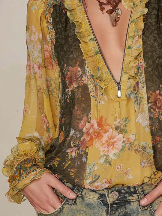 Zip-Front Ruffled Floral Chiffon Blouse