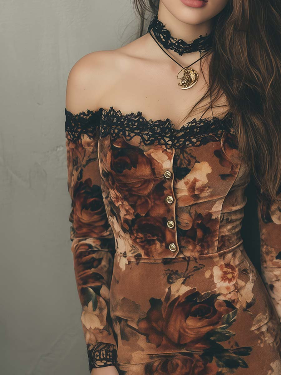 Retro Off-the-shoulder Lace Trim Polyester Velvet Mini Dress