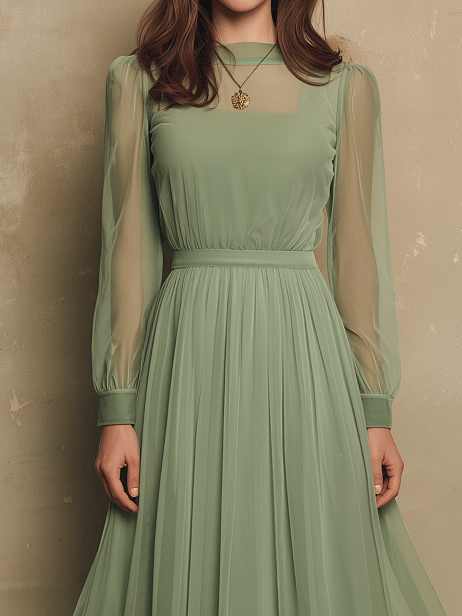 Elegant Mesh-Sleeve Mint Green Flow Midi Dress