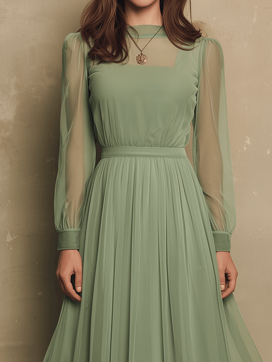 Elegant Mesh-Sleeve Mint Green Flow Midi Dress