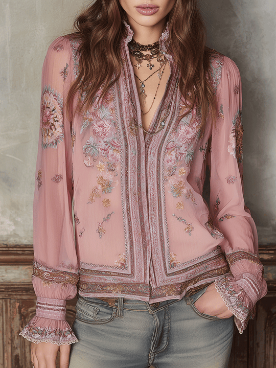 Romantic Boho Pink Floral Lace-Trim Blouse