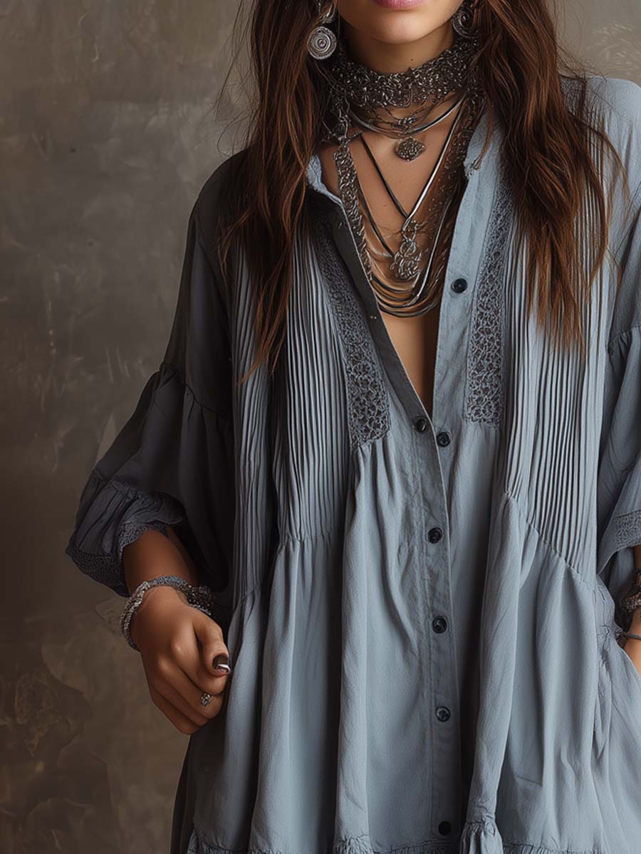 Retro Striped Lace Trim Short-sleeved Mini Dress