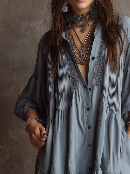 Retro Striped Lace Trim Short-sleeved Mini Dress