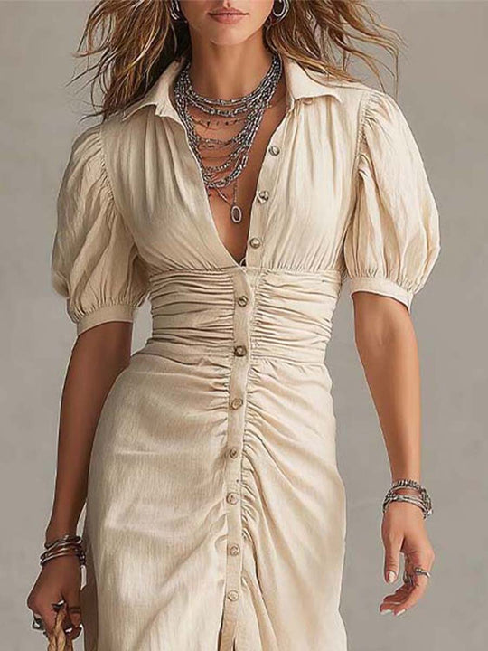 Elegant Vintage Cotton Button Midi Dress