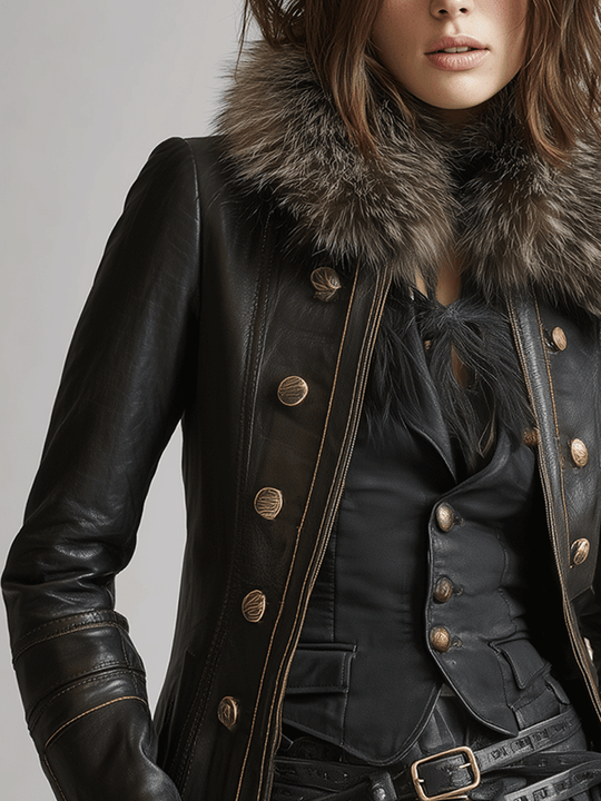 Vintage Black Military Leather Faux Fur Collar Jacket