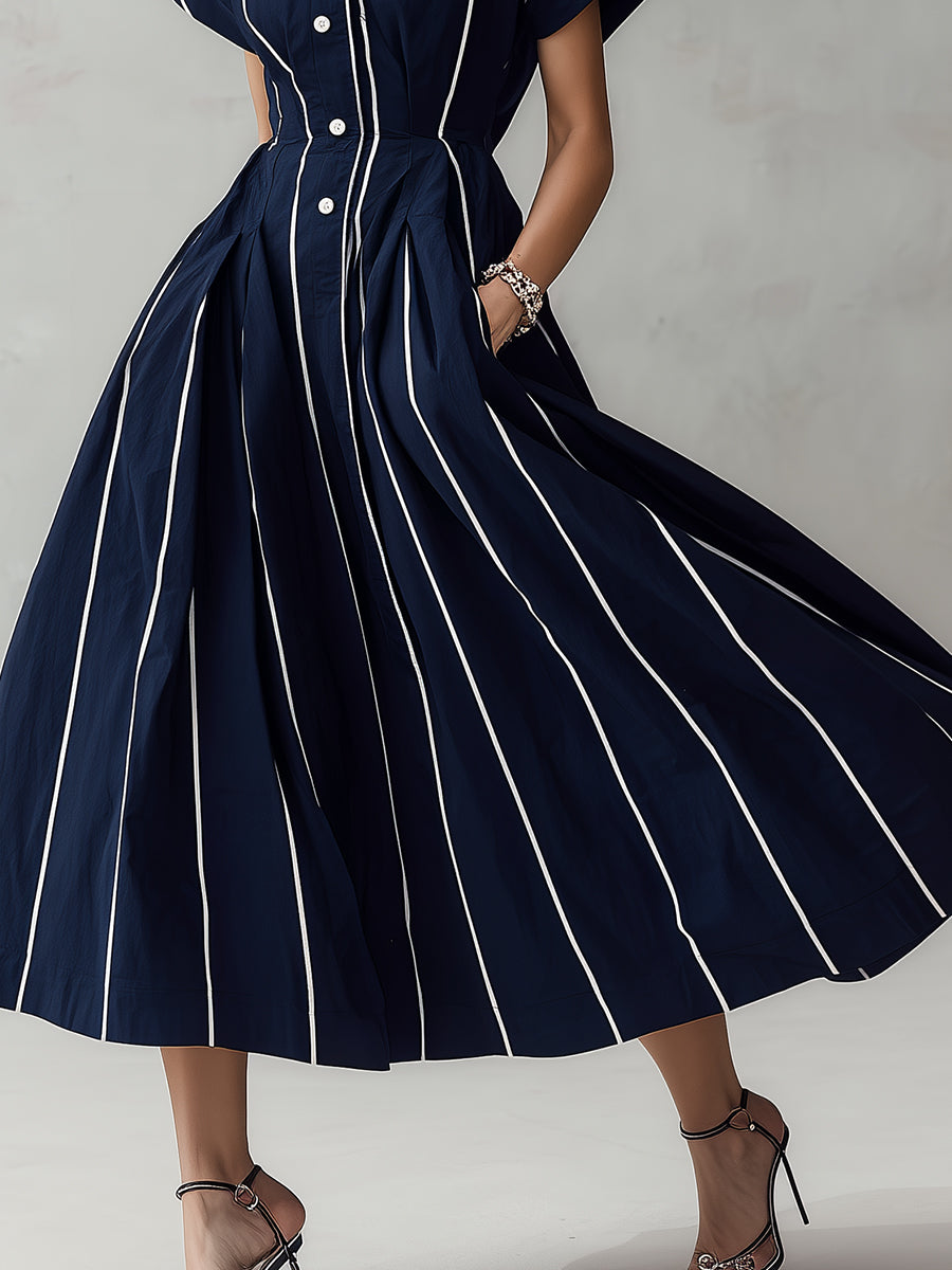 Retro Striped Bat Sleeve Waist Midi Dress