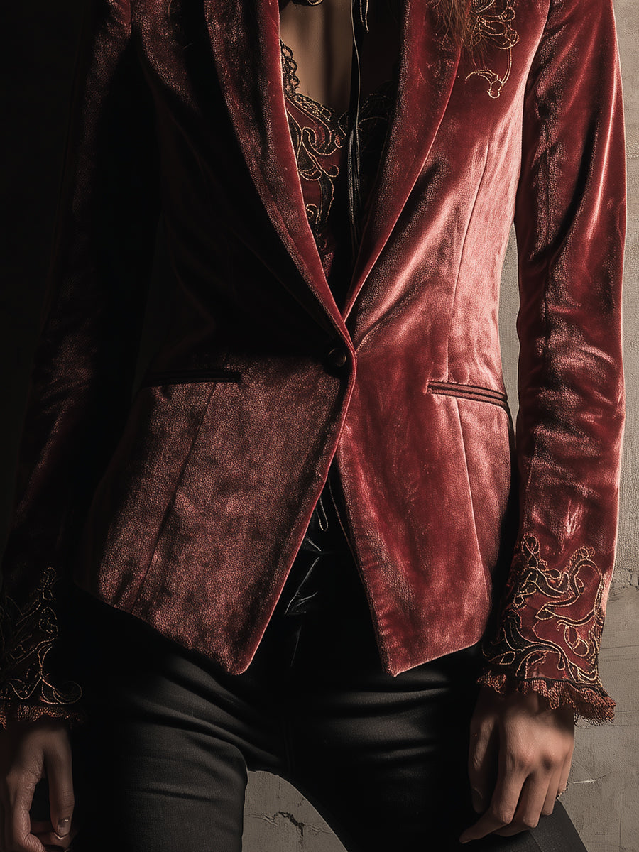 Quiet Luxury Embroidered Polyester Velvet Blazer