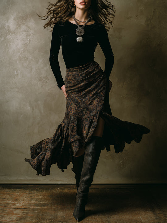 Retro Polyester Velvet Slim Fit Top & Paisley Pattern Ruffled Hem Midi Skirt Set