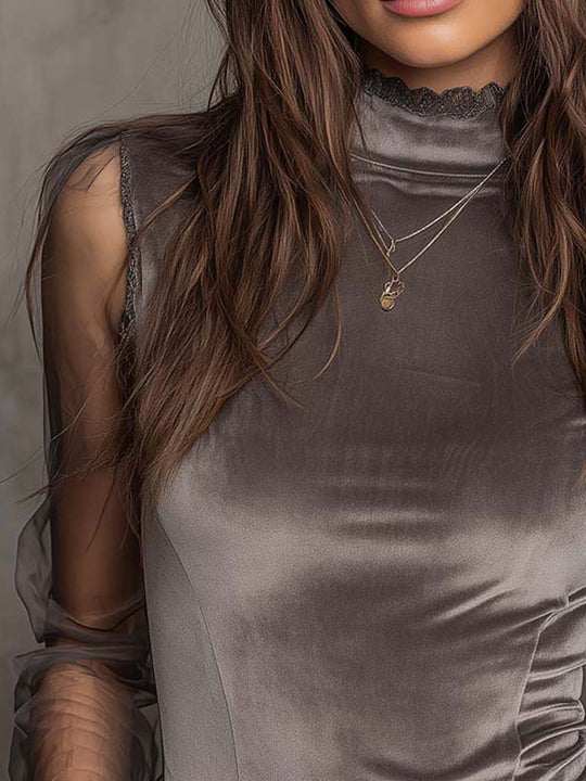 Velvet Mesh Panel High-Neck Top – Graphite Grey