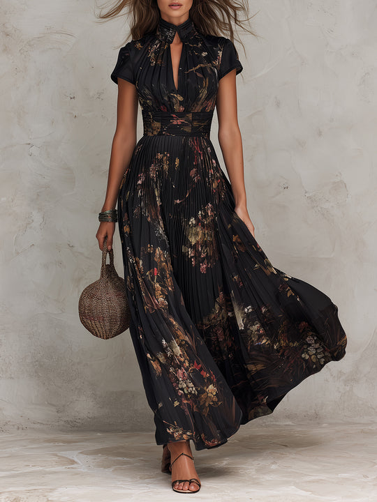Retro Floral Print Pleated Keyhole Collar Maxi Dress