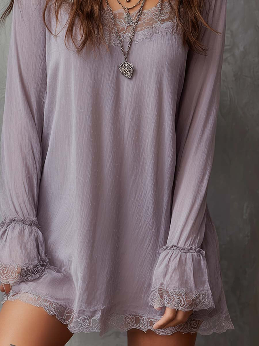 Retro Square Neck Lace Trim Chiffon Mini Dress