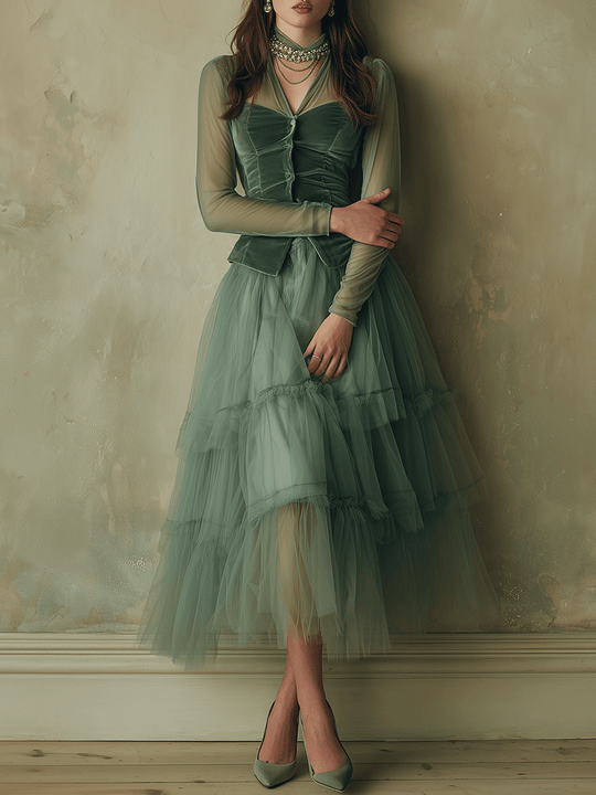 Elegant Retro Style Sheer Layered Velvet Dress Set