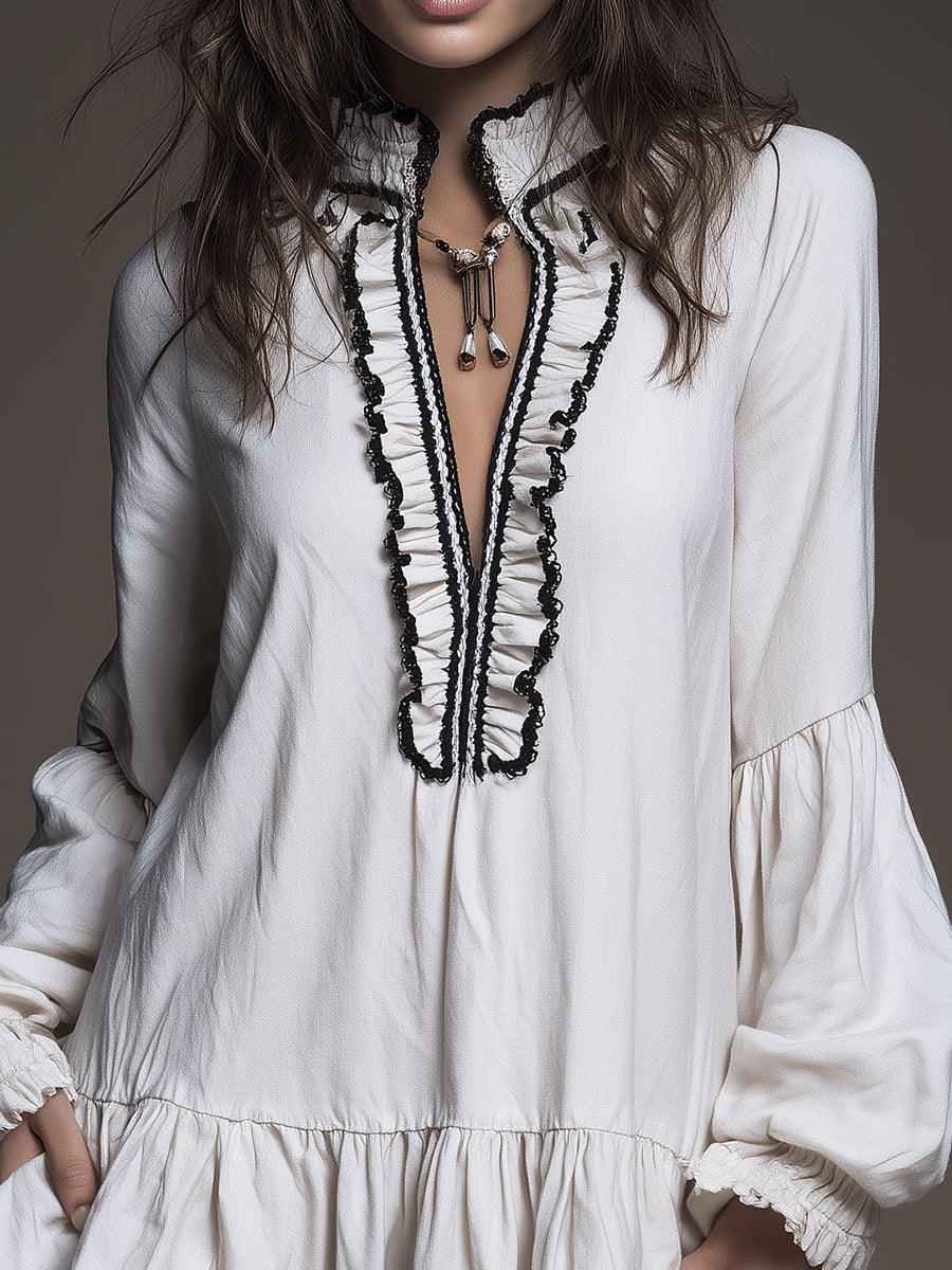 Vintage-style Cotton Blend Mini Dress With Ruffled Hem